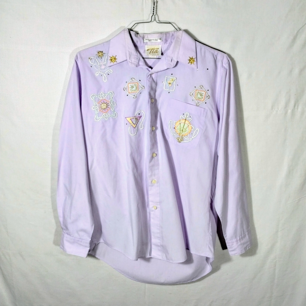 Vtg Tia Designs Pompano Beach Button Down Women L Lavender Embroidered Artsy 80s